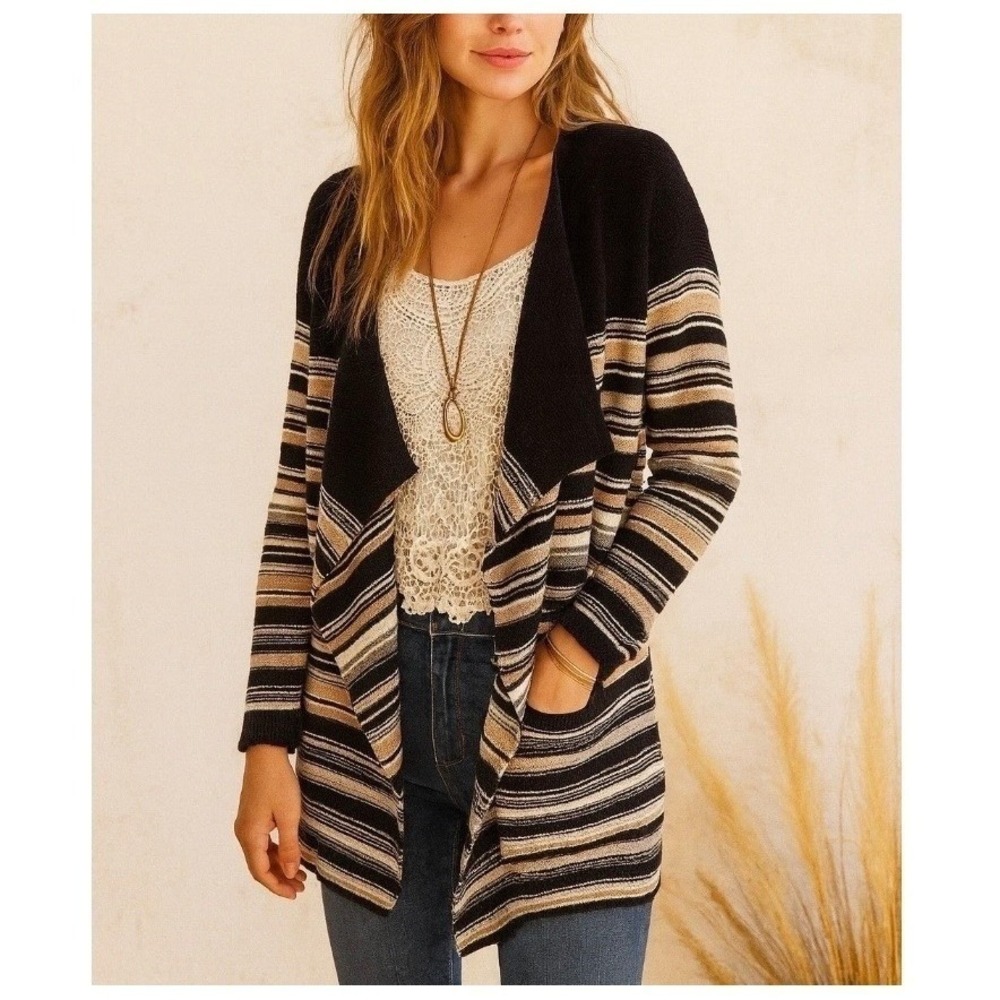 Isaac Mizrahi Striped Open Front Cardigan Sweater Black Beige White Large